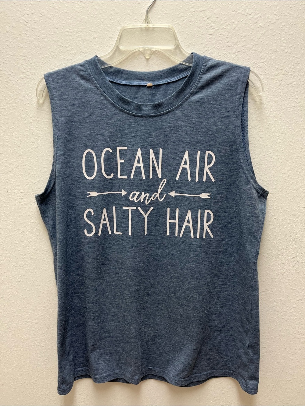 Blue Sleeveless Knit Tank Top Lightweight Cotton Blend Beach Theme Women’s L